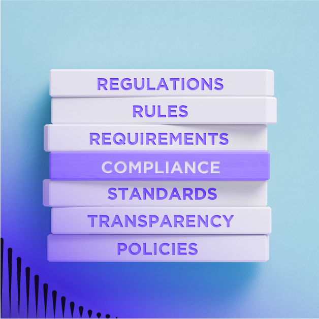 Stacked blocks that say regulations, rules, requirements, compliance, standards, transparency, policies