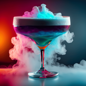 Colorful cocktail with liquid nitrogen flowing around it