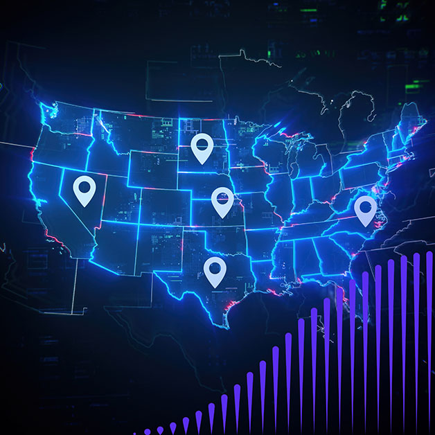 Blue neon map of the United States with location tags