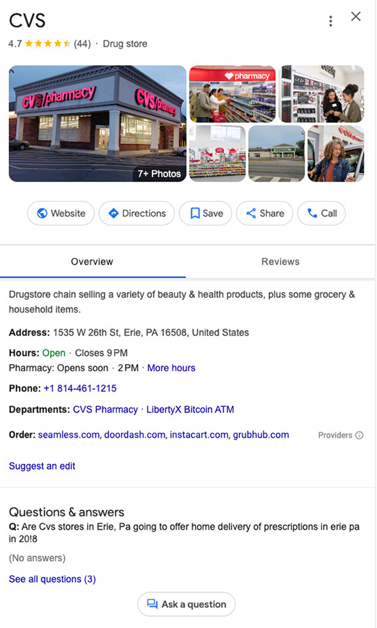 CVS local business listing on Google