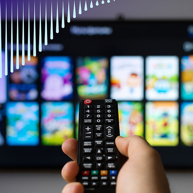 Hand pointing remote at smart television