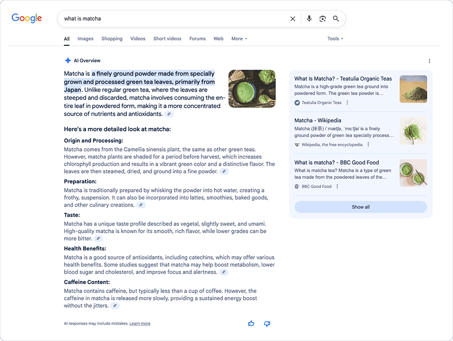 Google search for "what is match" with AI Overview