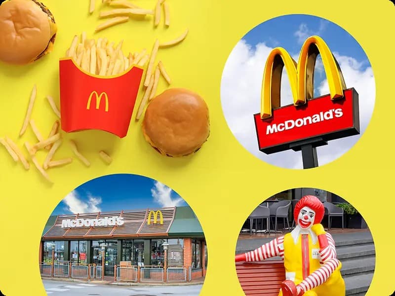 Collage of McDonald's brand assets, including food photography, Ronald McDonald, the golden arches, and the McDonald's restaurant