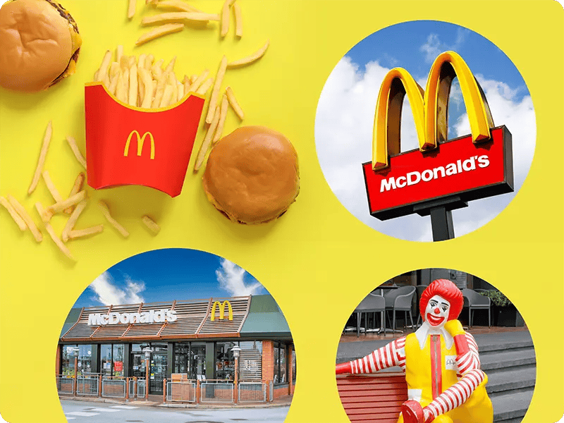Collage of McDonald's brand assets, including food photography, Ronald McDonald, the golden arches, and the McDonald's restaurant