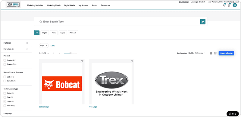 Ansira Create screenshot showing asset search logos