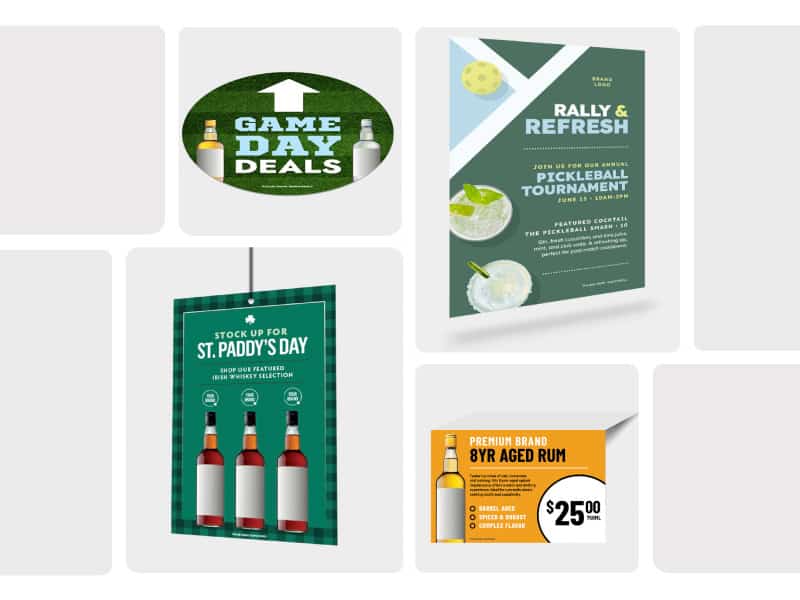 Images of a floor graphic, poster, ceiling dangler, and shelf talker