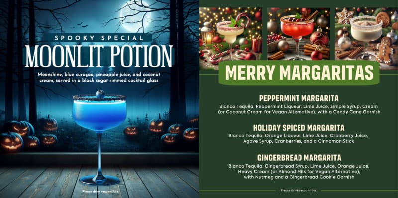 One Halloween-themed alcohol ad beside a Christmas-themed alcohol menu 