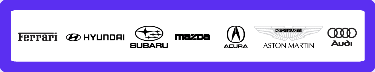 Automotive logos: Ferrari, Hyundai, Subaru, Mazda., Acura, Aston Martin, and Audi