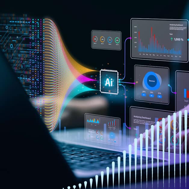 Open laptop with futuristic screen featuring an AI icon