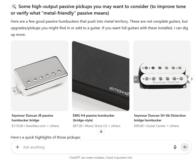 AI conversation recommending different types of humbuckers