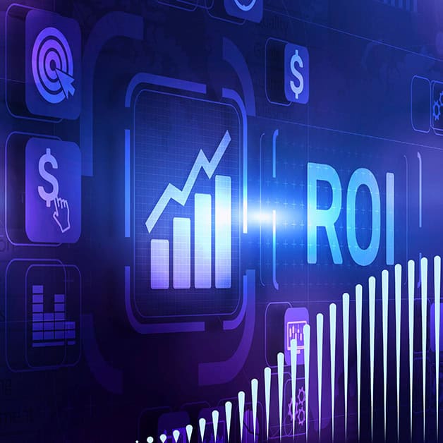Blue glowing icons depicting ROI growth
