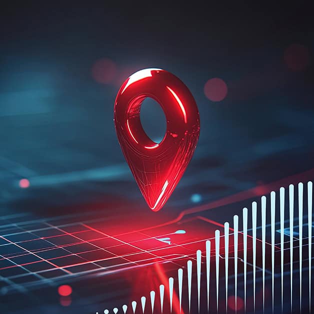 Red location pin floating above grid