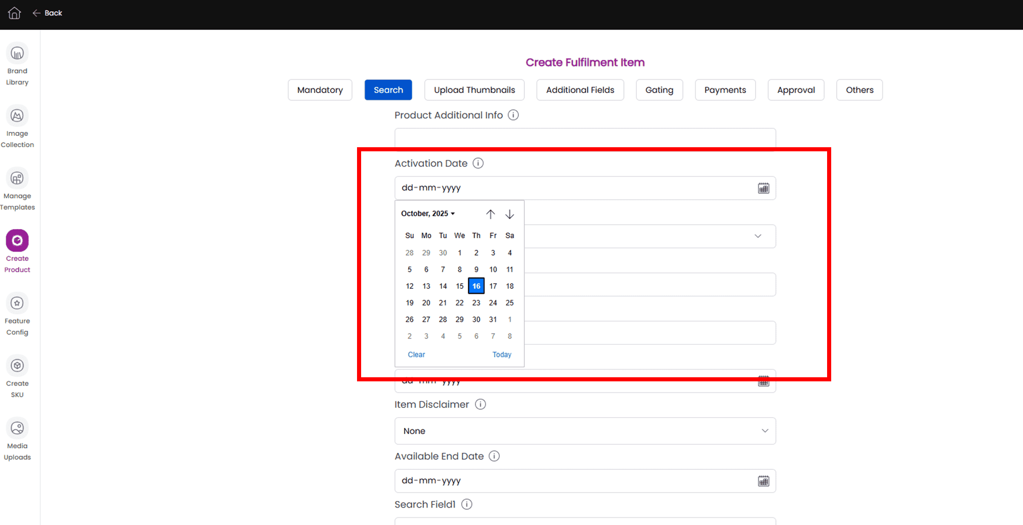 Product self service page with activation date calendar selection