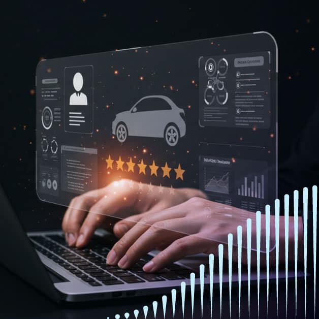 Person typing on laptop with floating car review screen