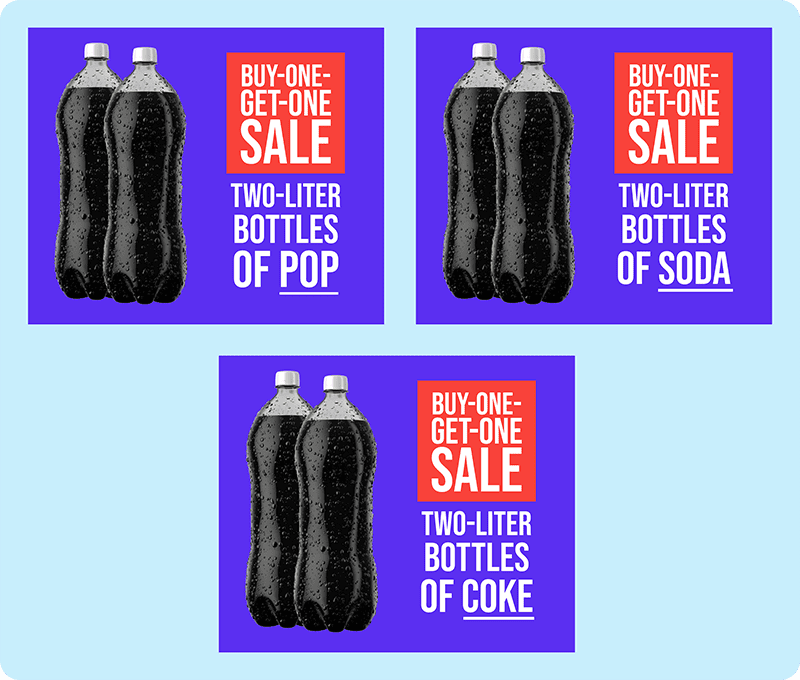 Three ads for buy-one-get-one free liters of pop/soda/coke