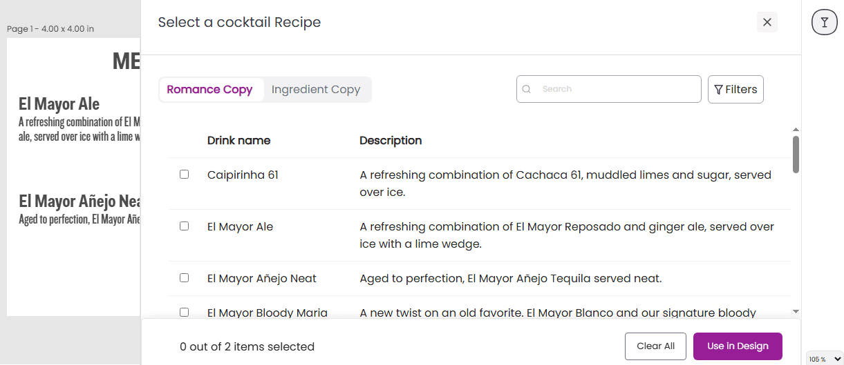 recipe list for selection into template design
