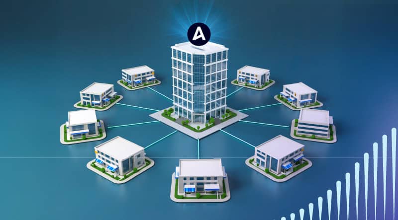 Ansira skyscraper with smaller buildings surrounding it