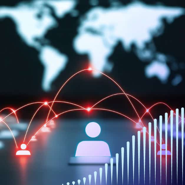 People icons connected with a red glowing line with a world map in the background