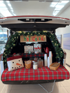 Lincoln hot cocoa experiential marketing display in the back of a trunk