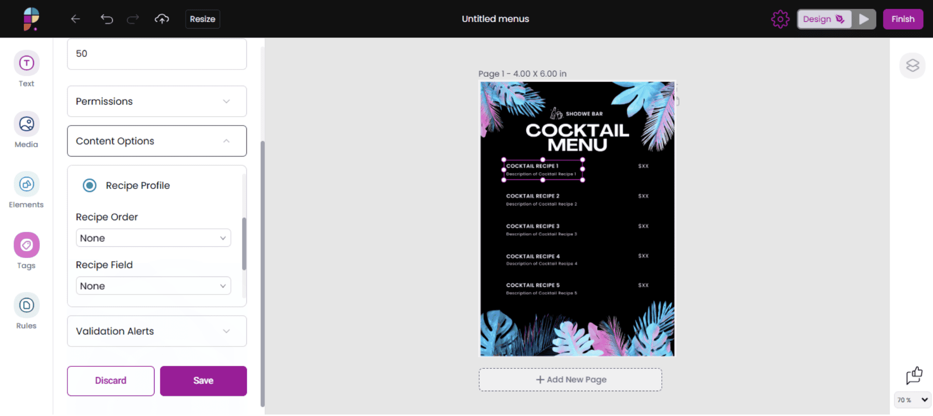 Black menu template builder