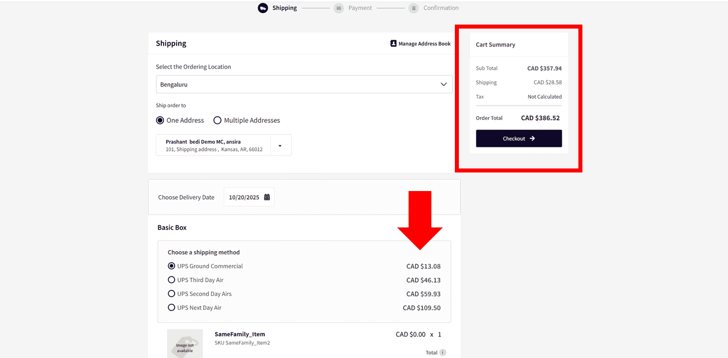 Checkout screen showing CAD highlighted in red