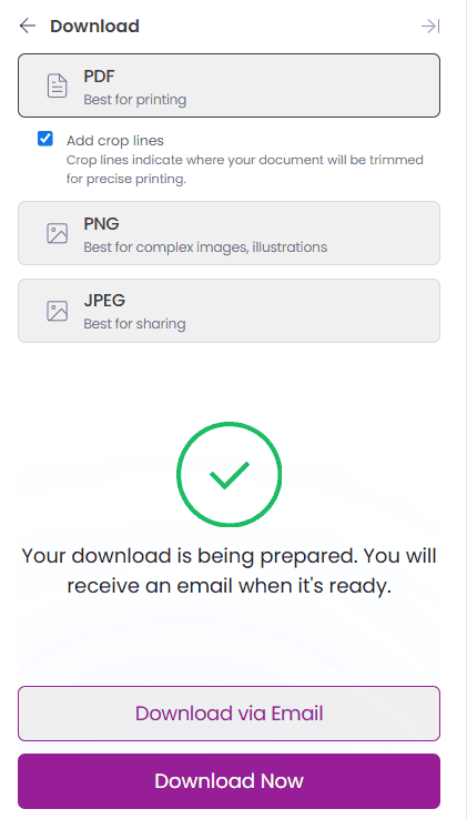Download options screen with pdf, png, and jpeg with download via email or download now buttons