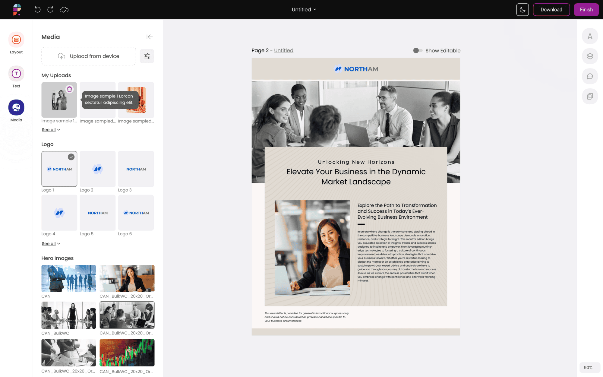 If the Show Label configuration is selected the media page with different image options including uploads, logos, and hero images