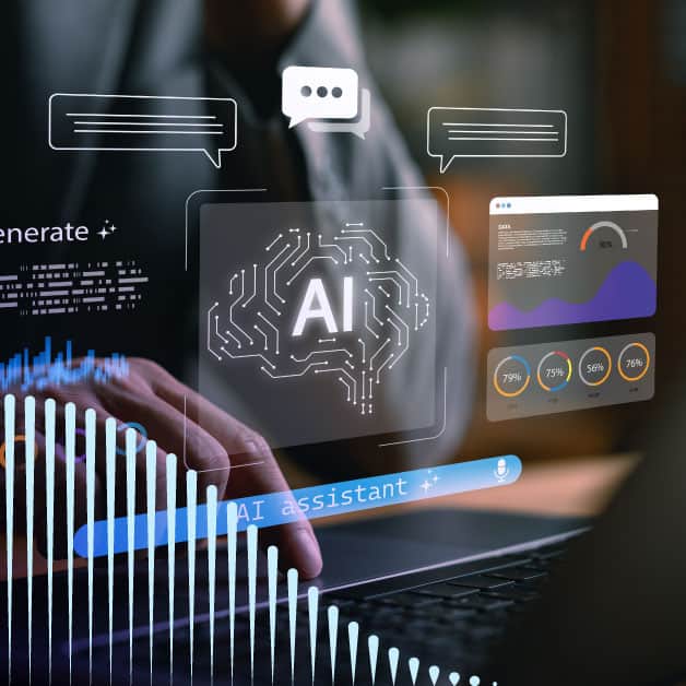 Floating technology dashboard with AI icon in the middle