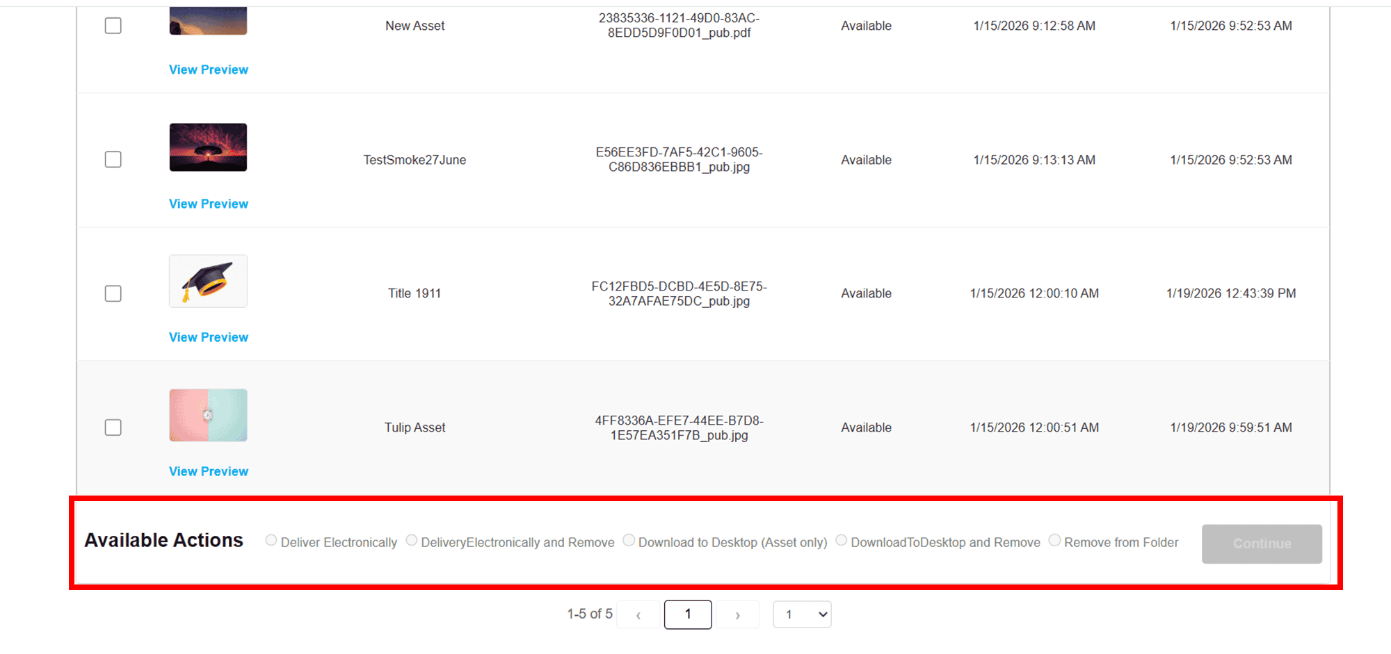 The Asset Folder provides users with the following five available actions:

Download to Desktop

Download to Desktop and Remove from Folder

Deliver Electronically

Deliver Electronically and Remove from Folder

Remove from Folder