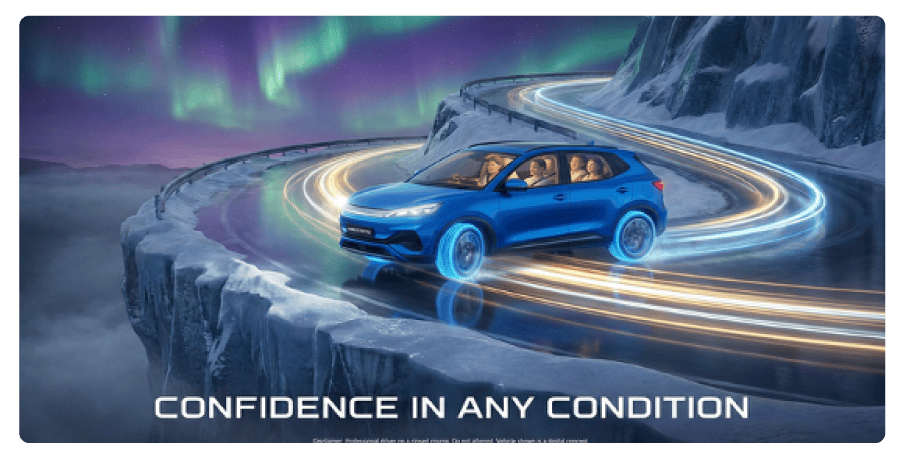 AI-generated image of a car on a cliff that says "confidence in any condition"