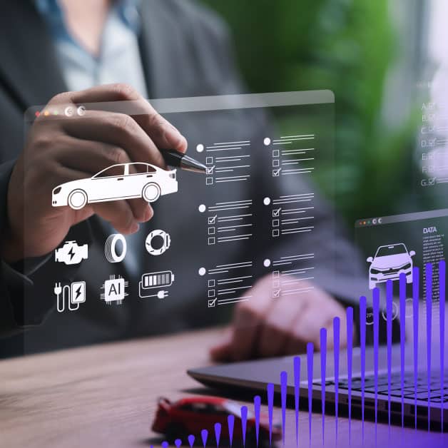 Hands checking a box on a floating form with a vehicle on it