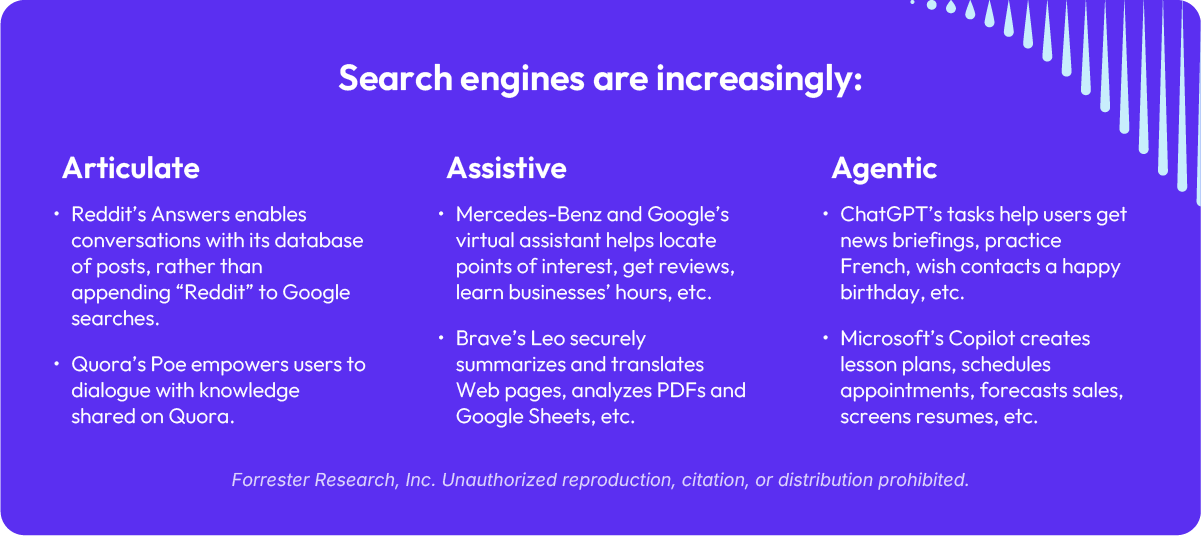 Table showing the ways that search engines are increasingly articulate, assistive, and agentic