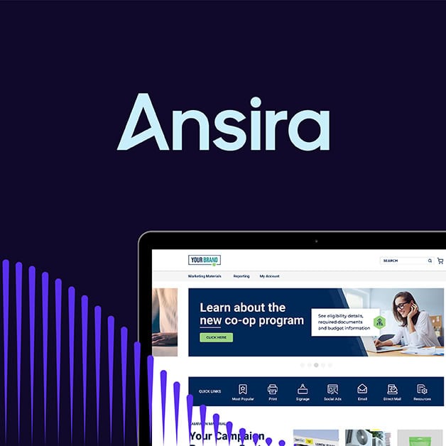 Ansira logo with open laptop and the Ansira platform