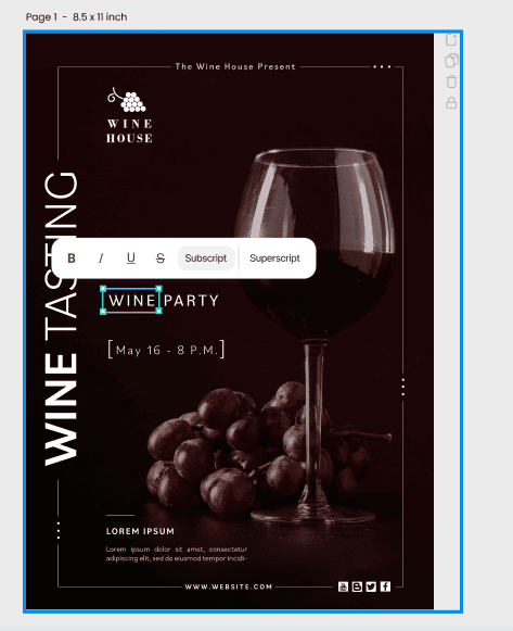 Image of a template with a wine glass that shows subscript and superscript options during design 