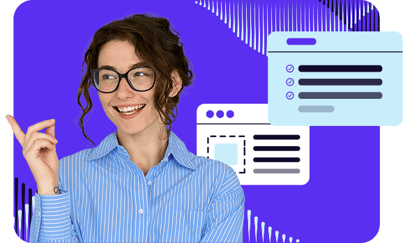 Woman with brown hair wearing black glasses and a blue and white striped shirt points off to the left white two platform screenshots appear on her right