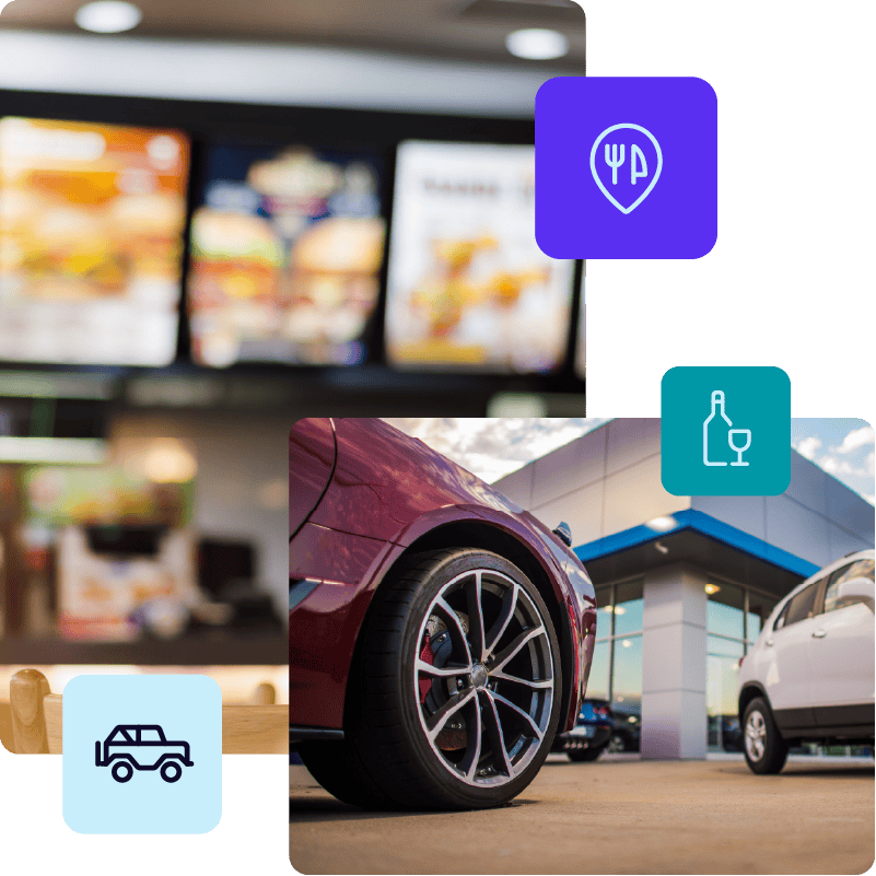 Photo shows the front of a car dealership with a red and white car parked out front overlaying a zoomed out and blurry fast food menu board. Car icon, restaurant icon and beverage alcohol icons also appear.