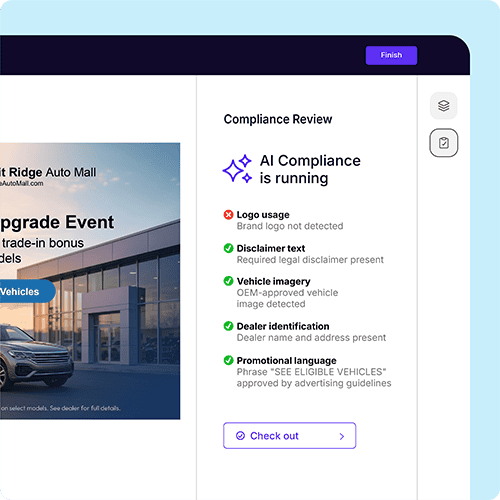 Image depicts a compliance review on an example client graphic with steps outlined as logo usage, disclaimer text, vehicle imagery, dealer identification, and promotional language. The compliance review is green for all steps but logo usage as the brand's logo is not detected.