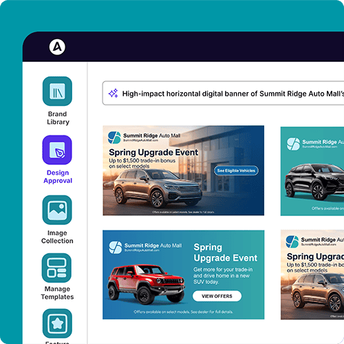 Image depicts an example of how AI images are generated at Ansira. There is a search bar that someone has entered "high-impact horizontal digital banner of Summit Ridge Auto Mall" as an example. The search has pulled a few options to choose from. Other options in the platform include brand library, design approval, image collection, and manage templates.