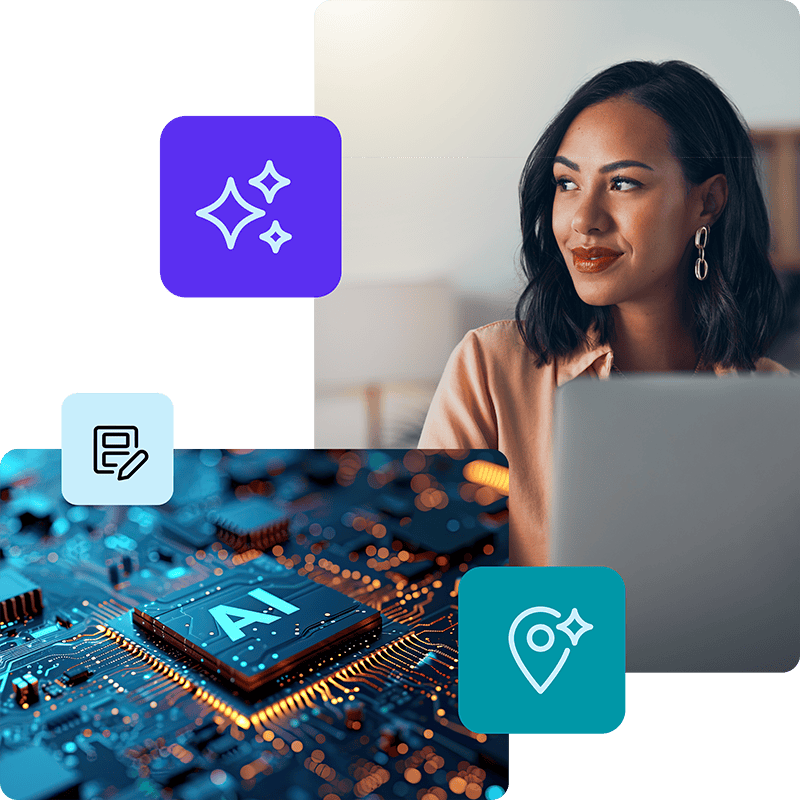 In the bottom left, a circuit board is shown with "AI" glowing in the middle. In the top left, a woman wearing a brown shirt sits behind a laptop screen and looks off to her right. The image also contains icons including purple and blue stars, a pen and paper, and a location indicator you'd find on a map.