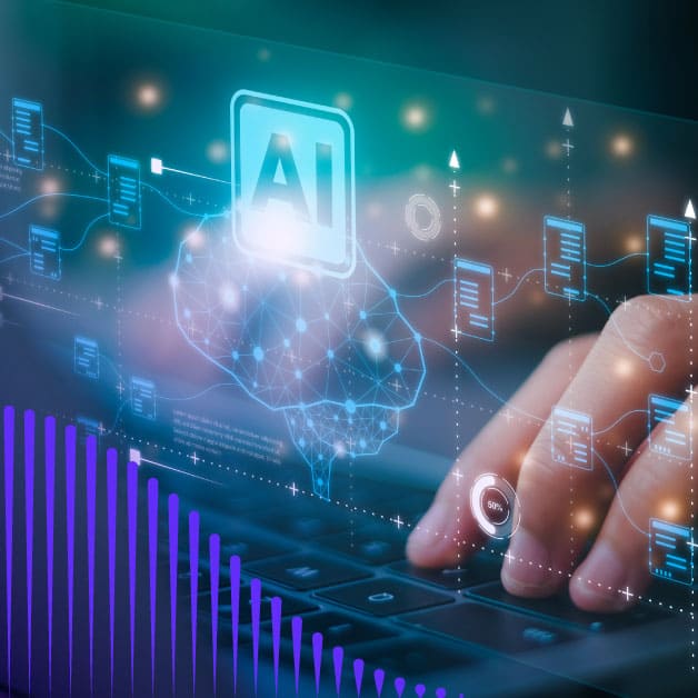 Fingers typing on a computer with AI icons floating above it