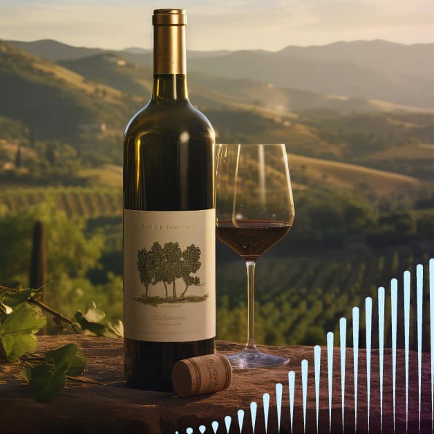 Wine bottle on table with glass and scenic background