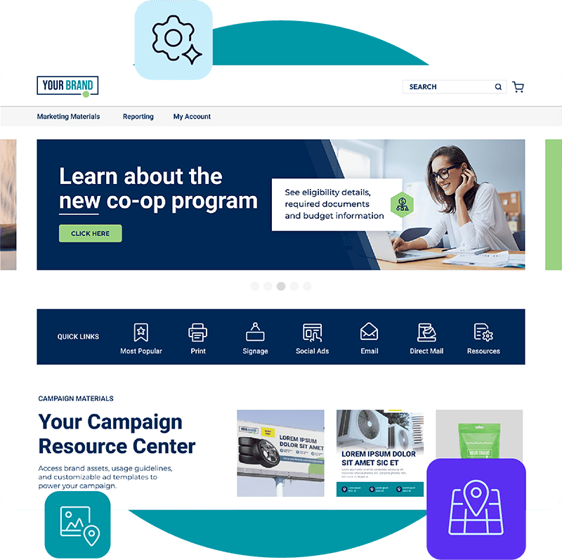 Example of the Ansira portal with your brand's logo, including marketing materials, co-op programs, quick links to print, email, and direct mail, and a campaign resource center