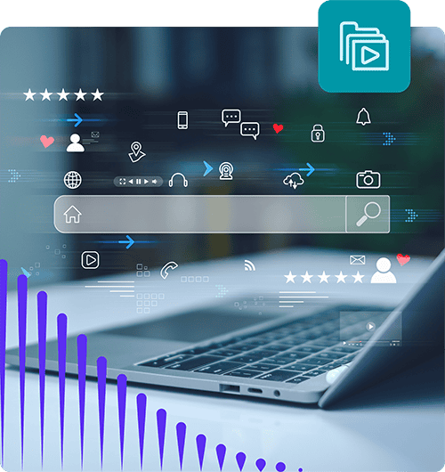 This image features a laptop, positioned to the side where we only see the keyboard. There is an overlap on top of the image that shows a searchbar-like design with several different icons including a home, headphones, a browser, a camera, and a magnifying glass.