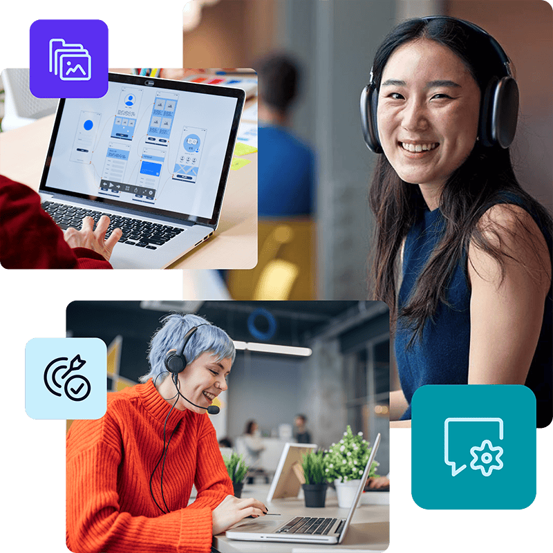 Three different images are displayed to capture our services. The first is a laptop screen in the top left corner with a purple icon that has folders outlined on it. Next, is a woman wearing headphones and smiling at the camera with a speech bubble and settings icon. Lastly, is another woman wearing a headset and working behind a laptop, with a bullseye icon next to her.