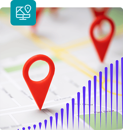 Red pins on a map. A representation of Ansira Attract, a customer engagement module, and its store locator features
