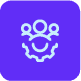 a Purple icon of three stick people's head outlines and a settings wheel beneath