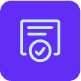 A purple icon of a document with a checkmark in the bottom middle