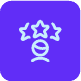 A purple icon of a stick figure head and shoulders looking up toward three stars