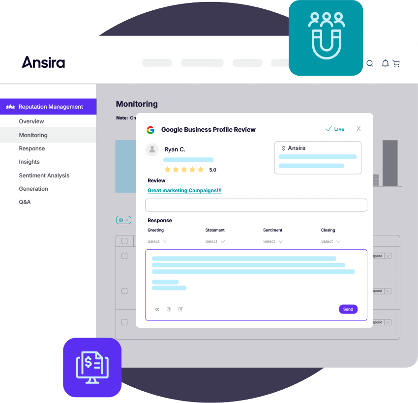 A screenshot of Ansira Attract, a customer engagement module. Highlights the process of building out a Google Business page as an example of its functionality.