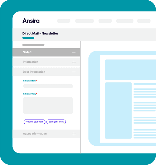 A screenshot example of Ansira Connect, a marketing personalization platform, that shows Direct mail as the header